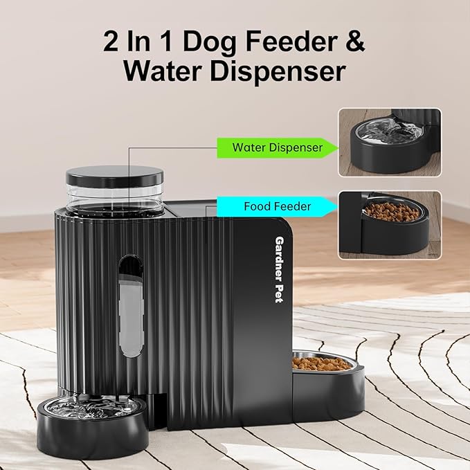 Automatic Gravity Pet Feeder, 1.8 Gallons*2 Dog Feeder and Water Dispenser Set, 2-in-1 Automatic 100% BPA-Free Feeder and Stainless Steel Water Dispenser for Dogs, Cats, Rabbits, Puppies (Black)-Mewly Pet