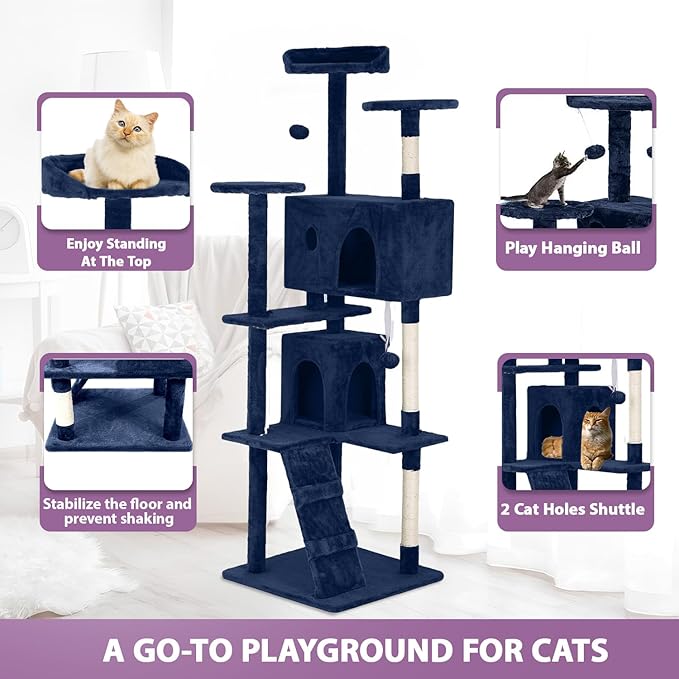 70 Inches Multi-Level Cat Tower for Indoor Cats - XL Tree Climbing Condo With Scratching Posts and Hanging Toys, Navy Blue-Mewly Pet