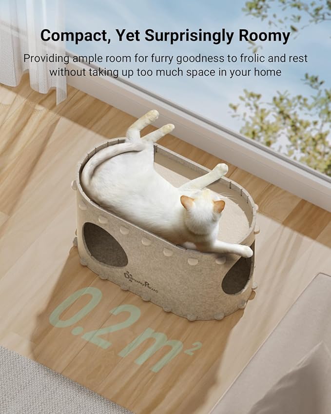 DownyPaws Cat House for Indoor Cats, Cat Bed Cave for Multiple & Large Cats Up to 22 Lbs, Scratch Resistant, Foldable Peekaboo Kitten Caves Tunnel Enclosed Bed, PeekaPurr, Cream-Mewly Pet