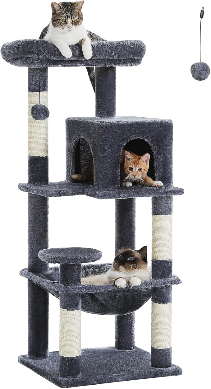 Cat Tree for Indoor Cats, 45.7" Multi-Level Cat Tower with Large Metal Frame Hammock, Cat Condo with 4 Scratching Posts and Top Perch for Small Medium Cat, Dark Grey-Mewly Pet