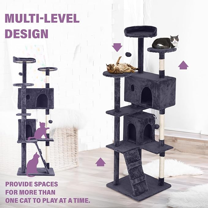 70 Inches Cat Tower for Indoor Cats, Multi-Level Cat Condos with Scratching Posts, Hanging Toys, Ashy-Mewly Pet
