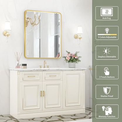 LED Bathroom Mirror with Lights, 30x36 Inch Gold Metal Framed LED Mirror for Bathroom, 3 Colors and Stepless Dimmable Wall Mounted Lighted Bathroom Vanity Mirror, Anti-Fog, Memory