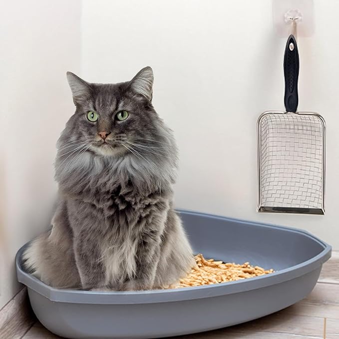 Cat Litter Scooper with Holder,Sturdy Litter Cleaner Corner Shovel,Stainless Steel Mesh Litter Scoop,Easy to Clean,Non-Slip Handle,Suitable for All cat Litter-Mewly Pet