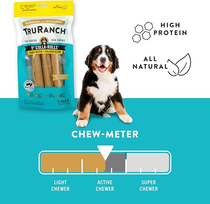 Collagen Rolls - 9" Collagen Rolls for Dogs - Long Lasting Healthy Joint Support Dog Treat - Rawhide Alternative - Skin & Coat Health - Made with Real Peanut Butter, 1 Bag, 3 Count-Mewly Pet