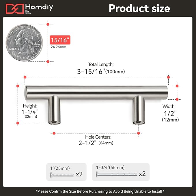 Homdiy 2-1/2 Inch Brushed Nickel Cabinet Handles - 50 Pack Kitchen Pulls, Square Hardware for Cabinets and Cupboards