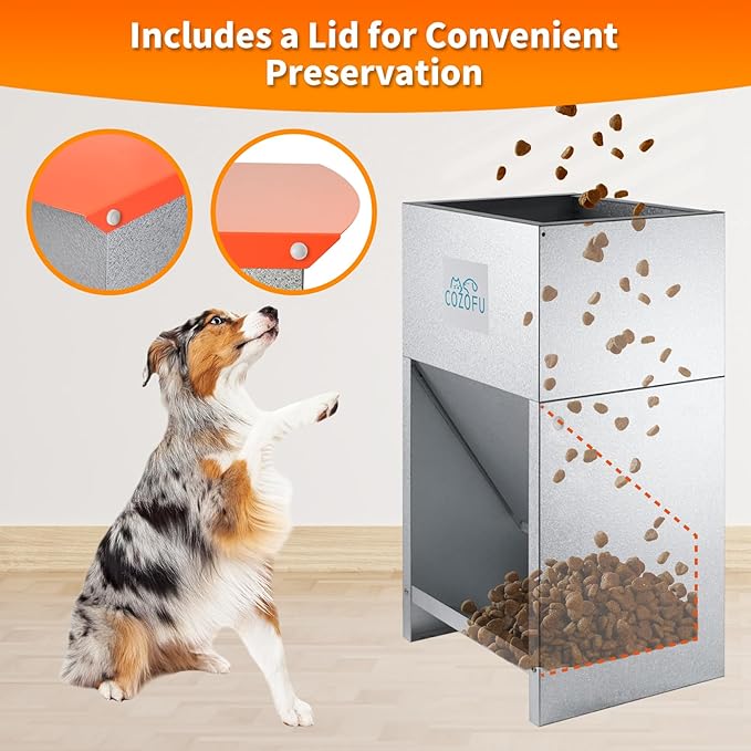Dog Feeder - Galvanized Metal Pet Food Station for Indoor & Outdoor Use - Automatic Gravity-Fed Dispenser Suitable for Small, Medium, and Large Dog Breeds - Capacity: 25 Pounds of Dry Kibble-Mewly Pet