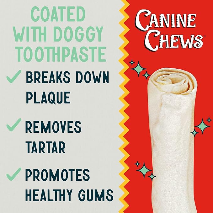 Canine Chews 10-11" Dental Coated Jumbo Rawhide Retriever Rolls (8 Pack) - Breath Freshening & Long Lasting Dental Chews for Dogs Large Size - Teeth Cleaning Dog Treats for Aggressive Chewers-Mewly Pet