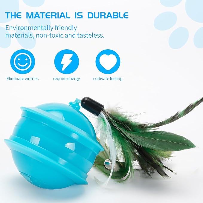 Cat Feather Toy Ball Automatic Moving Interactive Cat Toys for Indoor Cats, Self Rolling Electric Smart Tumbler Ball with Colorful Light and Big Feather Chasing Game (Blue)-Mewly Pet