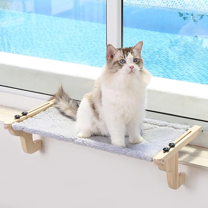 Easy Seat Cat Perch for Window Sill - Hammock Design w/Pine Wood & Robust Metal Frame - Cat Window Seat for Large Cats and Kittens (Natural Color Wood w/Gray Bed, Large (26''W x 14''D))-Mewly Pet