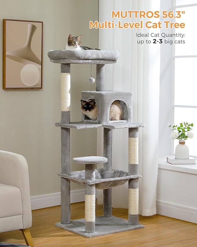 Cat Tree for Large Cats Adult with Metal Plush Big Hammock, 56.3" Cat Tower with 2 Door Condo House, 6-Tier Cat Shelves with Scratching Posts and Large Top Perch, Gray-Mewly Pet