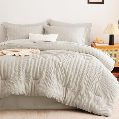 CozyLux Oversized Queen Comforter Set Beige Seersucker 7 Pieces 98x98 Bed in a Bag Comforter Set with Sheets, Luxury Soft Bedding Sets with Down Alternative Comforter, Sheets, Pillowcases & Shams