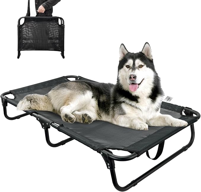 Elevated Dog Bed, Foldable Raised Dogs Bed Outdoor Dog Cots Beds for Large Dogs Cooling Outside Camping Chew-Proof No Assembly Need, Black-Mewly Pet
