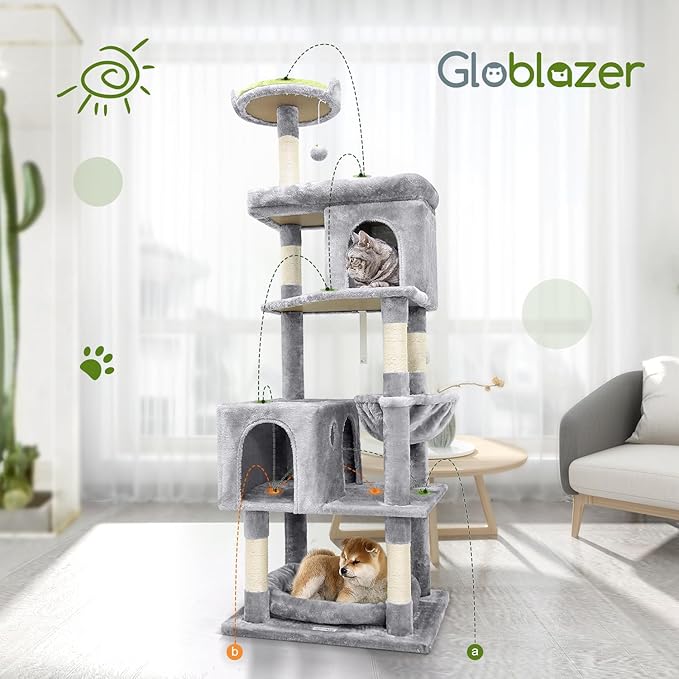 Globlazer Heavy Duty Cat Trees for Large Cats, Sturdy 72in Maine Coon Cat Tree for Large Cats 20 lbs+ Heavy Duty Cat Tower for Adult Biggest Cat with 6 Scratching Posts, Hammock, S72, Light Grey-Mewly Pet
