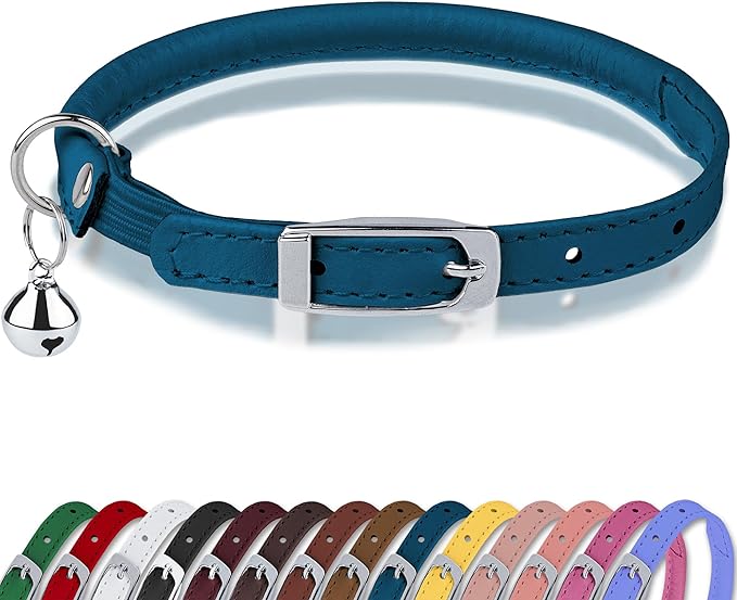 OOPSDOGGY Rolled Leather Cat Collar with Bell, Reflective Kitten Collars with Buckle Include Safety Elastic Strap - Adjustable Small Pet Collars for Boy Girl Cats (Blue)-Mewly Pet