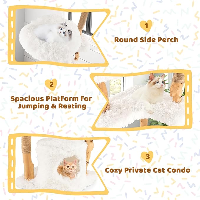 Tangkula Cat Tree Tower, Solid Wood Modern Cat Tower with Top Cattail Basket Bed, Side Perch, Large Platform & Condo, Cute Cat Tree with Scratching Posts for Indoor Cats Large Adult-Mewly Pet