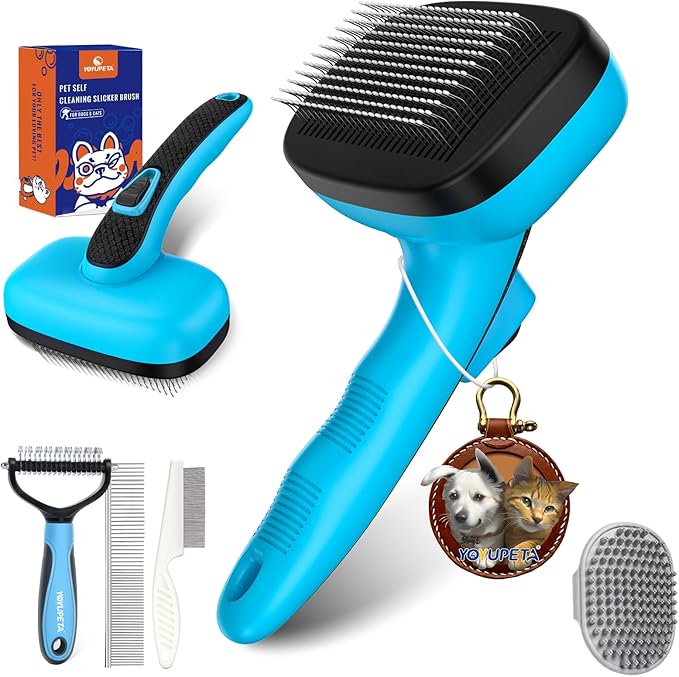 5 PCS Dog Grooming Brush Kit – Self Cleaning Slicker Brush for Shedding Short & Long Haired Dogs & Cats. Removes Loose Fur, Undercoat, Mats, Tangles. Suit for Small, Medium & Large Pets. Blue-Mewly Pet