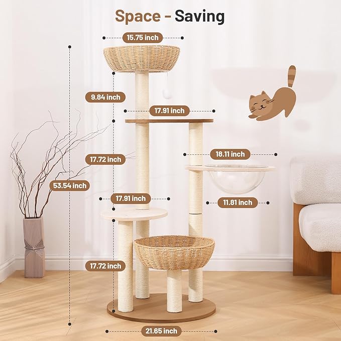 Rattan Cat Climbing Tower Condo with Scratching Post,Capsule,Basket,and Bed Modern Heavy Duty Cat Tree for Indoor Cat Large Adult-Mewly Pet