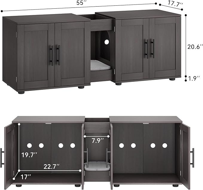 Gaomon Litter Box Enclosure with Double Room,Cat Hidden Litter Box Enclosure Furniture for 2 Cats with Double Room, 55”L x 17.7”W x 22.5”H Cat House,Wooden Enclosed Cat Litter Box Furniture,Walnut-Mewly Pet