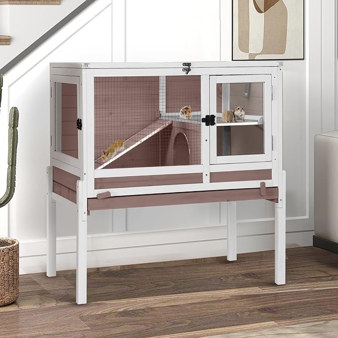 Guinea Pig Cage Indoor with Cool Zinc Plate Rabbit Hutch with Wheels and Removable Proof Tray Elevated Legs Hamster Cage with Chew-Resistant Metal Frame 36.6" L（Brown）-Mewly Pet