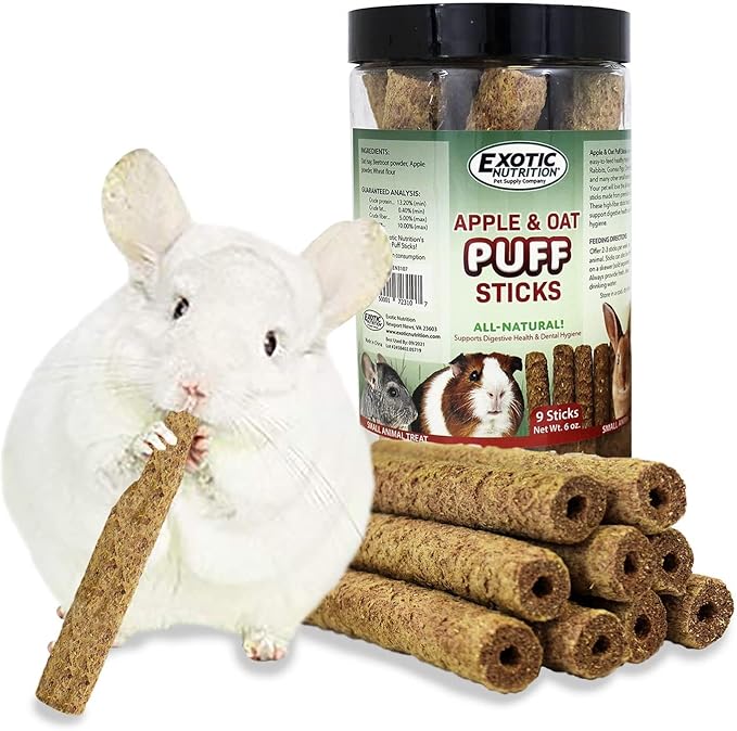 Apple & Oat Puff Sticks (6 oz.) - Healthy Natural High Fiber Chew Treat Made with Oat Hay - Rabbits, Guinea Pigs, Hamsters, Chinchillas, Degus, Prairie Dogs, Squirrels, Skunks, Opossums, Small Pets-Mewly Pet