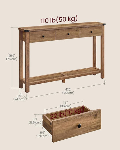 VASAGLE Console Table, Sofa Table, Narrow Entryway Table, Entry Table with 3 Drawers, Open Storage Shelf, Metal Corners, for Living Room, Farmhouse Style, Honey Brown ULNT142KB02S
