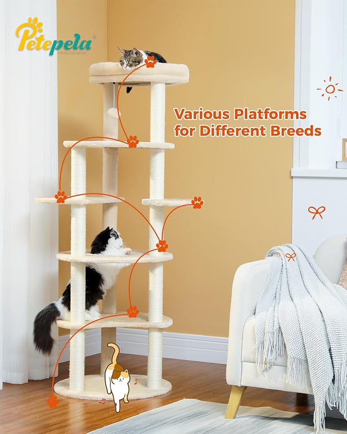 PETEPELA 61" Cat Tree for Indoor Cats, [6-Levels] Cat Climbing Tower with 9 Sisal Scratching Posts and Replaceable Dangling Ball &Top Perch, Beige-Mewly Pet
