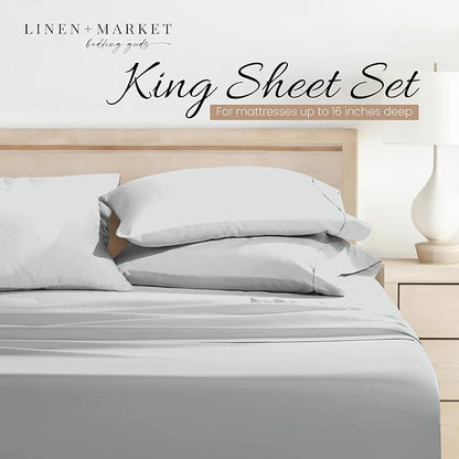 Linen Market Double-Brushed Microfiber King Sheet Set 4 Piece – Oeko-TEX Certified Ultra Soft & Wrinkle-Free - 16" Deep Pocket Sheets - Easy Care King Size - Light Gray
