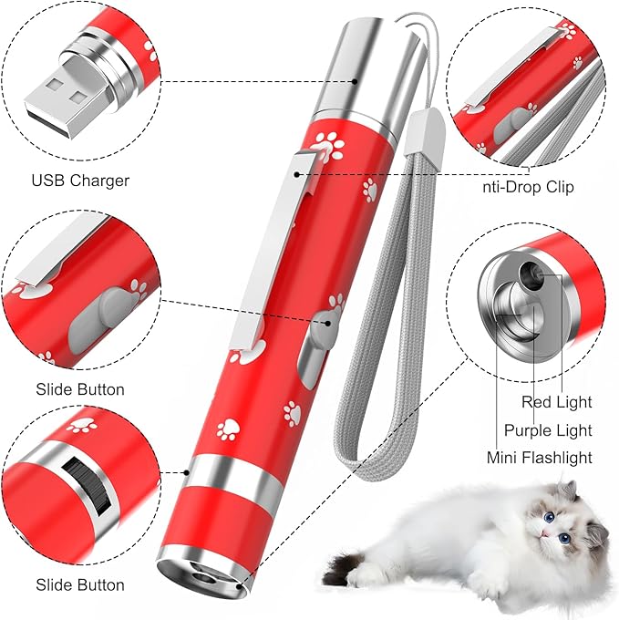 EAWONGEE Cat Toys, Rechargeable Interactive Toy for Cats with 7 Light Projection Modes, Indoor Kitty Pet Dog Toy for Training Chaser, 2 PCS Red-Mewly Pet