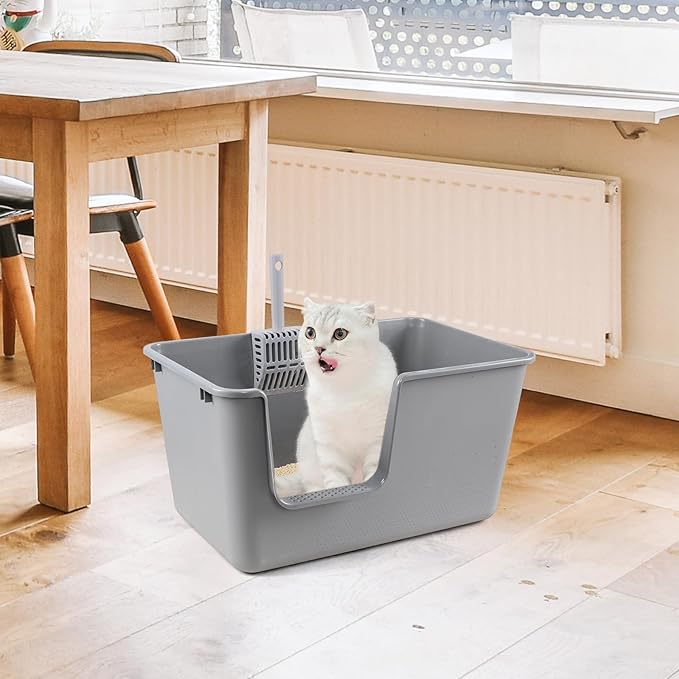 4 Packs Large Cat Litter Box with High Sides, Grey Open Top Cat Litter Basin-Mewly Pet