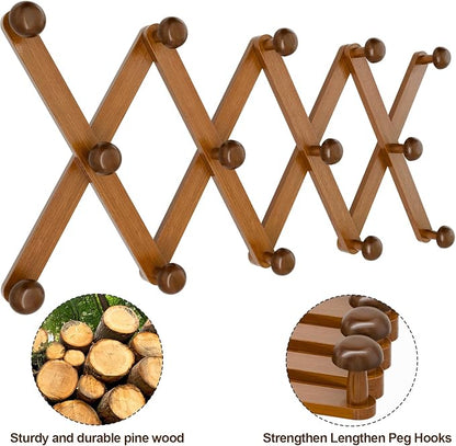 WGFKVAS Hat Rack for Wall with 14 Hooks, Solid Wooden, Expandable Coat Rack Wall Mount for Coats, Hats, Bags, Baseball Caps, Brown