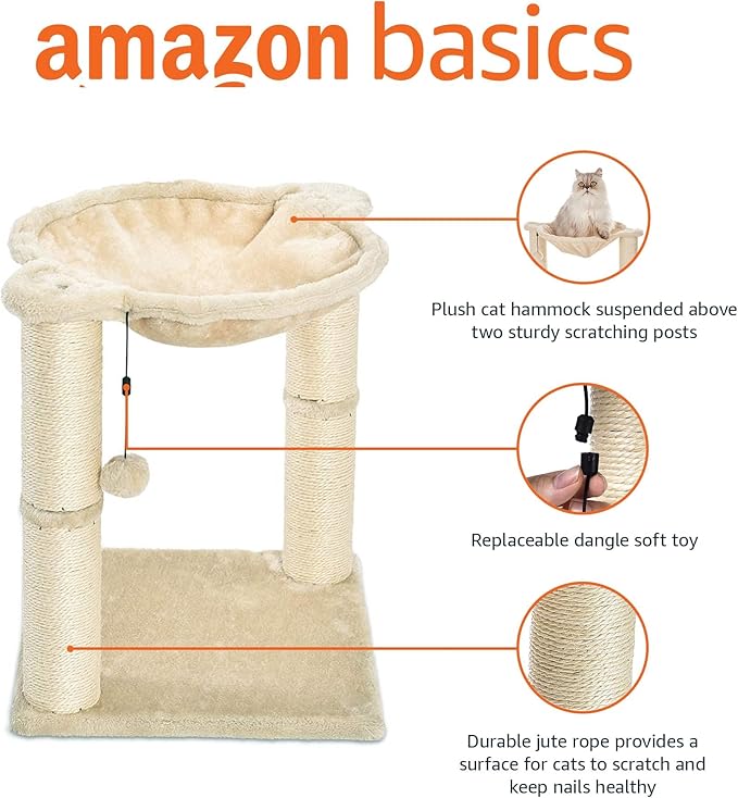 Amazon Basics Cat Condo Tower with Hammock Bed and Scratching Post,Easy to Assemble,Plush Hammock,Interactive Hanging Ball,Durable Sisal Scratch Posts for Indoor Cats, 15.8 x 15.8 x 19.7 Inches, Beige-Mewly Pet