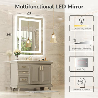 USHOWER LED Bathroom Mirror 28x36 Inch with Lights - Frameless Tempered Glass LED Backlit Lighted Mirror for Bathroom Vanity with Anti-Fog, 3 Colors Dimmable, Memory Function, Wall-Mounted