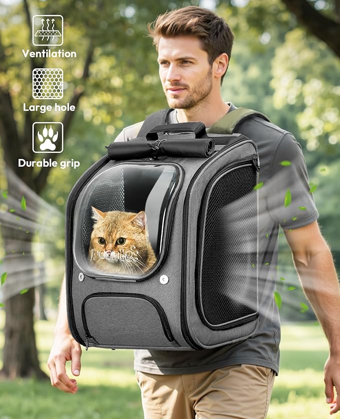 Pecute Cat Backpack Carrier, Large Space Cat Bubble Backpack, Breathable Cat Carrier, Shaded Dog Backpack Carrier, Ergonomic 3D Design for Travel, Hiking, Suitable for Shopping, and Vet, Gray-Mewly Pet