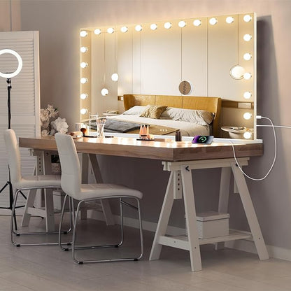 Hollywood Vanity Mirror with Lights, 24 Dimmable Bulbs, 3 Color Lights,Make Up Lighted Mirror, Aluminum Metal Frame, USB Charging Port（48" x 30"）