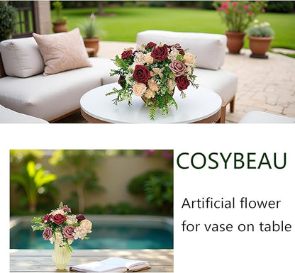 Artificial Fake Flowers 26pcs Roses, Mixed White & Burgundy Faux Flower for DIY Wedding Bouquet Bridal Shower Centerpieces Floral Arrangements Party Table Home Decorations