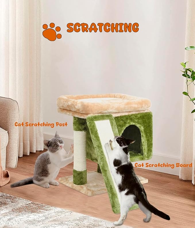 SYANDLVY Small Cat Tree for Indoor Cats, Cat Tower with Scratching Post, Modern Activity House for Large Cats, Condo with Board, Kittens Cave-Mewly Pet