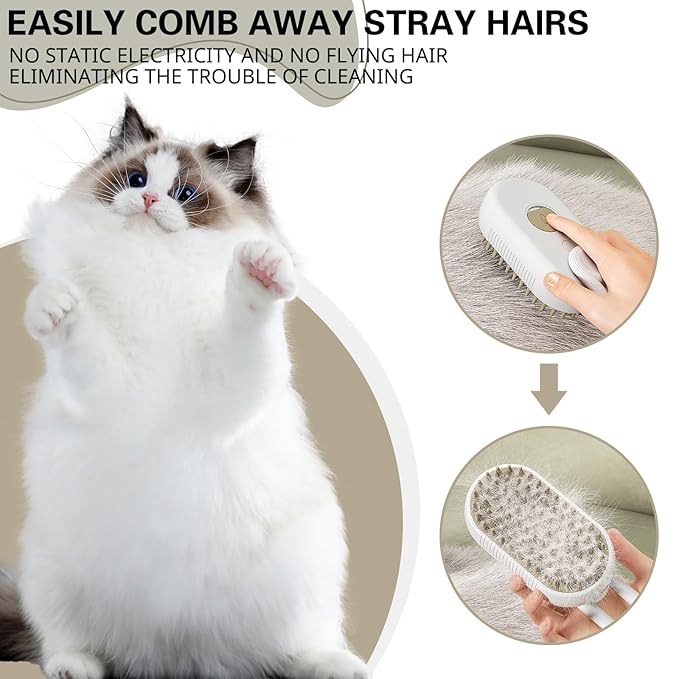 Steamy Pet Brush - Convenient Hair Removal, Easy Collection, Massage Function - Ideal Steam Brush for Cats! (White+Coffee)-Mewly Pet