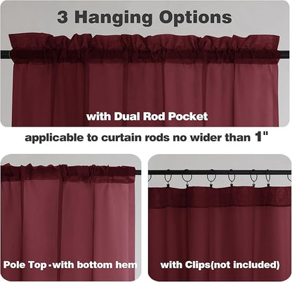 Chyhomenyc Sheer Valances for Windows 2 Pack, 42W x 14L inches Small Window Curtains for Living Room Bathroom Cafe Laundry Basement, Modern Top Dual Rod Pocket Voile Curtain, Burgundy