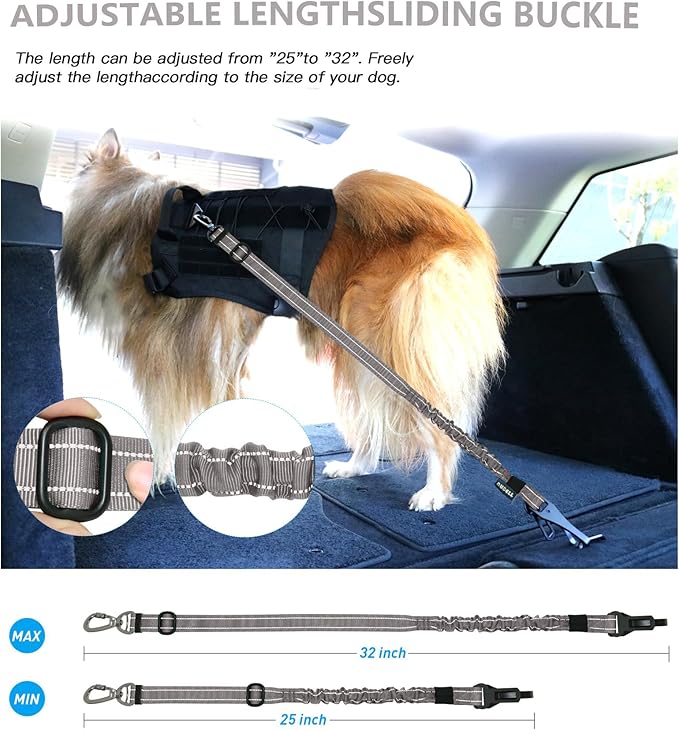 AUBELL Dog Seat Belt for Car,Updated 3-in-1 Adjustable Reflective Bungee Heavy Duty Dog Car Harness Tether with Clip Hook Latch & Buckle,Swivel Zinc Alloy Carabiner,Grey-Mewly Pet