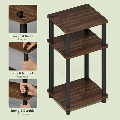 Furinno Just 3-Tier Turn-N-Tube End Table / Side Table / Night Stand / Bedside Table with Plastic Poles, 2-Pack, Columbia Walnut/Black