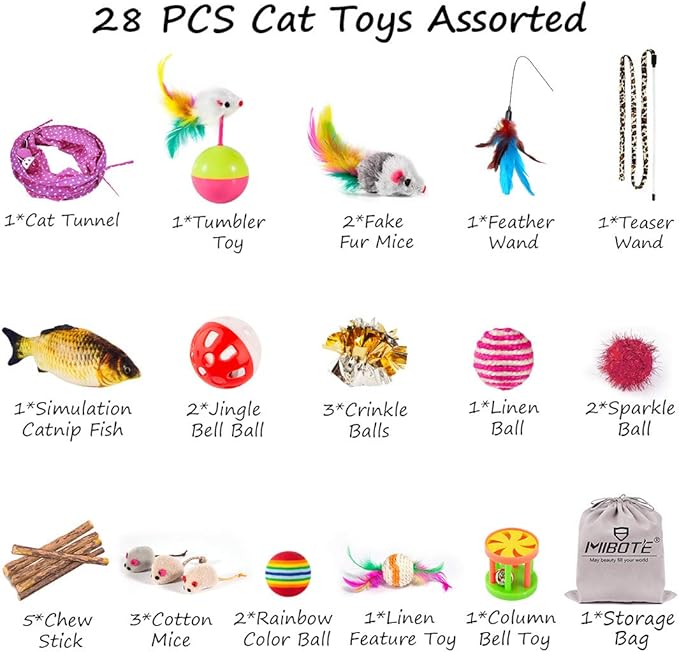 MIBOTE 28Pcs Cat Toys Kitten Toys Assorted, Cat Tunnel Catnip Fish Feather Teaser Wand Fish Fluffy Mouse Mice Balls and Bells Toys for Indoor Cat Puppy Kitty Interactive Cat Toy Set-Mewly Pet