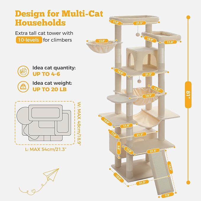 81" Heavy Duty Cat Tree for Large Cats up to 20lbs - Extra Tall Cat Tower with Metal Frame Hammock, 6 Sisal Scratching Posts, 2 Perches - Indoor Cat Furniture for Maine Coon, Big Cats, Beige-Mewly Pet