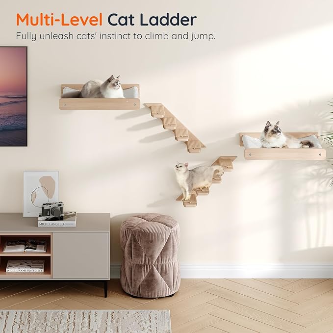 HOOBRO Cat Wall Shelf Set of 2, Wall Mounted 4-Level Cat Steps with Jute Scratching Steps, Hammock Wall Mounted, Holds up to 40 lb, Cat Wall Furniture, for Playing, Natural NL41CS03-Mewly Pet