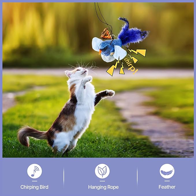 Cat Toys for Indoor Cats-7 Pieces Emrichment with Speedy Tail Moving Ball,Chirping Bird,Silvervine Sticks,Chew Rope,2 Cat Ball Toy,Hanging Caterpillar,Interactive Cat Toys for Bored Indoor Adult Cats-Mewly Pet