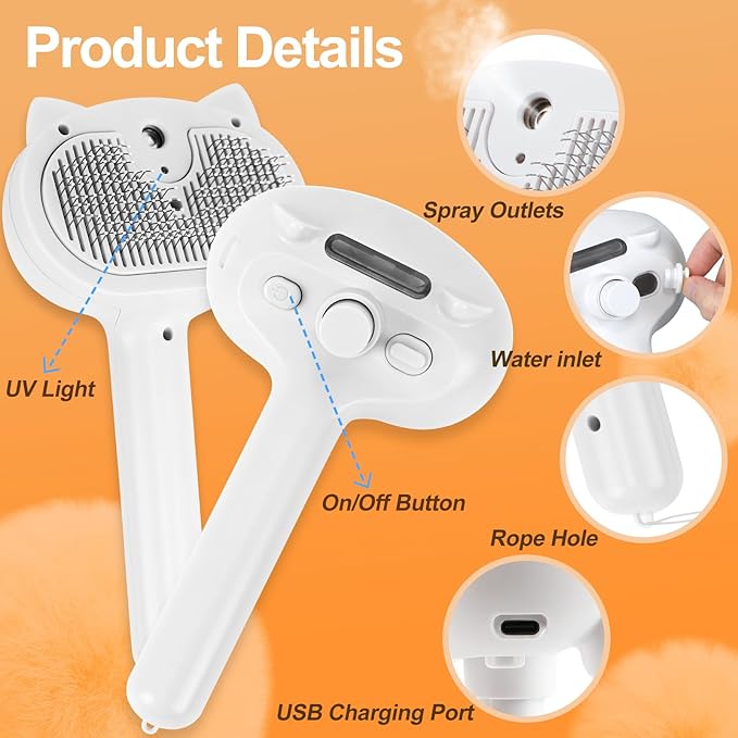 Cat Steam Brush for Shedding, 4 in 1 Steamy Cat Brush with Release Button, Self Cleaning Metal Pet Misting Hair Comb with Handle for Grooming Kitten Dog(White)-Mewly Pet