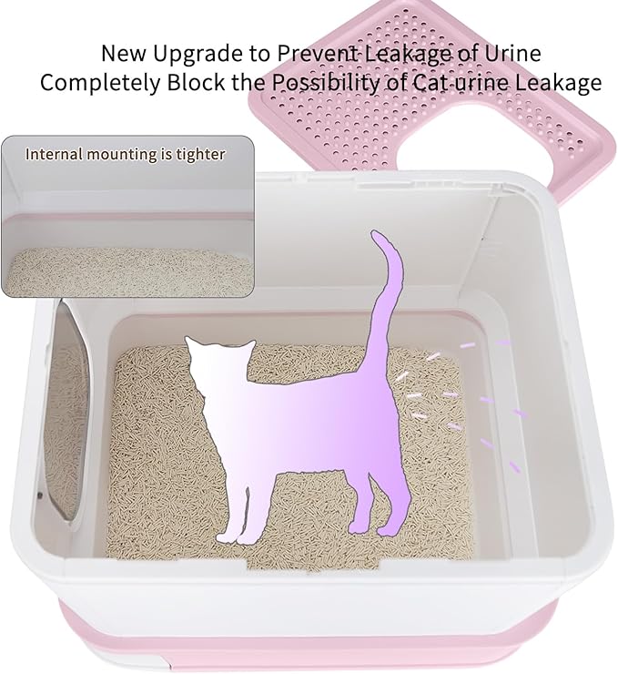 RIZZARI Foldable Cat Litter Box,Cat Box with Drawer, Large Capacity Litter Box with Lid, Top Opening Litter Pan for Small to Big Cats (Pink)-Mewly Pet