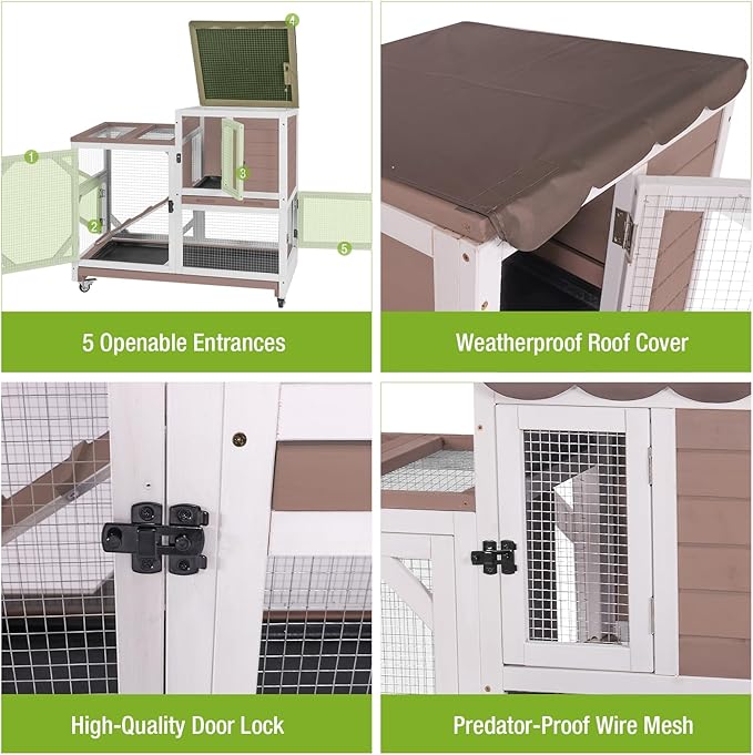 Gutinneen 2-Story Rabbit Hutch with Chew-Proof Ramp & Leak-Proof Trays - Indoor/Outdoor 39.3" Wooden Rabbit Cage with Wheels for Rabbits, Guinea Pigs-Mewly Pet
