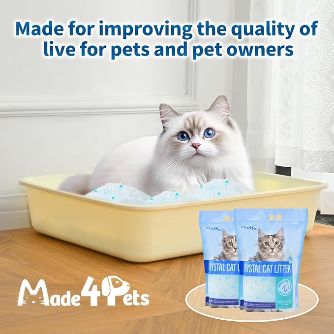 Made4Pets Cat Litter Crystals, Non Clumping Cat Litter Odor Control Kitty Litter Non Clumping No scooping Low Dust, Low Tracking, Lightweight, Dehydrates Waste,Cologne– 8.6 lbs (2 x 4.3 lb Packs)-Mewly Pet