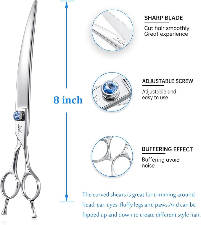 JASON 8" Curved Dog Grooming Scissors Ergonomic Pets Cats Trimming Shears with Offset Handle and a Jewelled Screw for Right Handed Groomers Long Sharp Comfortable-Mewly Pet