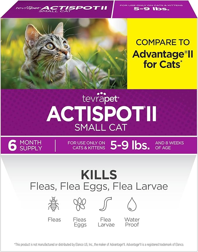 TevraPet Actispot II Flea Treatment for Small and Medium Cats 5-9 lbs | 6 Doses | Powerful Prevention and Control, Clear-Mewly Pet